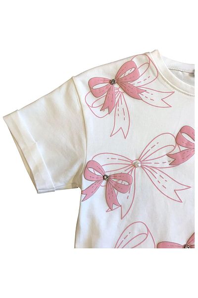 Little Star Girl's Bow Printed Blouse with Pearl and Stone Detail