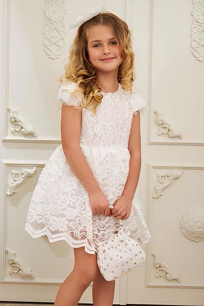 Riccotarz Girl's Lace Guipure Embroidered Transparent Tulle Zero Sleeve White Dress
