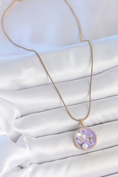BESKAR 316L Steel Gold Color Chain Zircon Stone Purple Enamel Flower Embroidered Pearl Detail Portrait Model Female