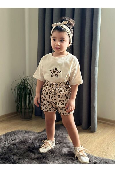 JOYBOY KİDS Girl's Suit with Shorts Gabardine Fabric 2-Piece Suit Eid Trend Waist Elastic Elastic