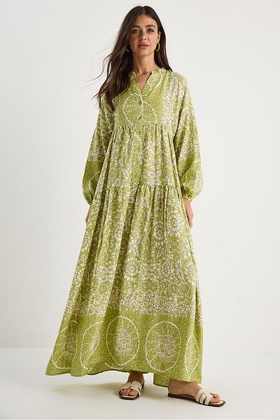 Bianco Lucci Women's V-Neck Patterned Button Detailed Maxi Viscose Dress 2423 60283334