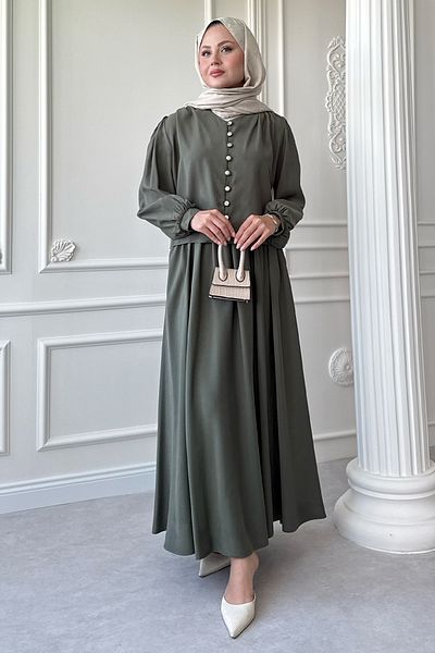 InStyle بدلة كاكي مع تنورة مطاطية ومفصلة بأزرار