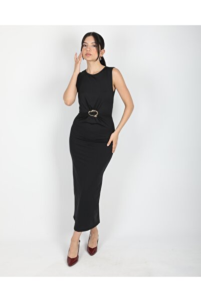 deqfashion Siyah Bel Drape Aksesuarlı Kolsuz Yırtmaçlı Midi Boy Elbise