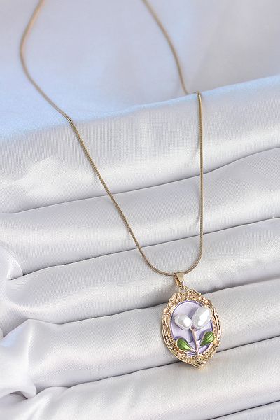BESKAR 316L Steel Gold Color Purple Pearl Flower Embroidered Portrait Model Women's Necklace