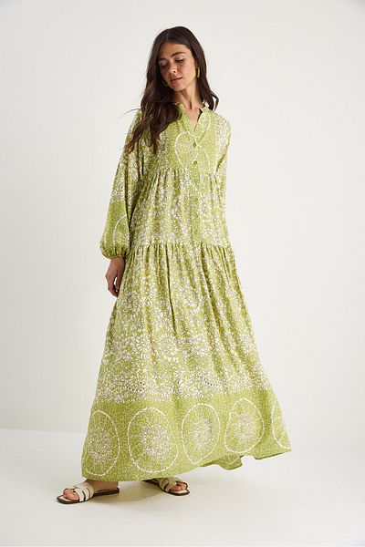 Bianco Lucci Women's V-Neck Patterned Button Detailed Maxi Viscose Dress 2423 60283334