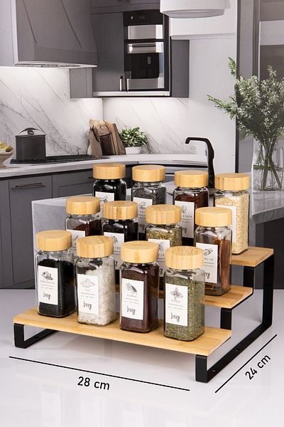 naturelove Set of 12 Bamboo Lid Spice Racks / with 2 Tier Ladder Stand
