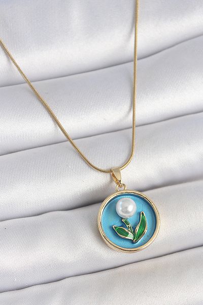 Mu Art Ahşap 316L Steel Gold Color Chain Blue Enamel Pearl Flower Embroidered Portrait Model Women's Necklace