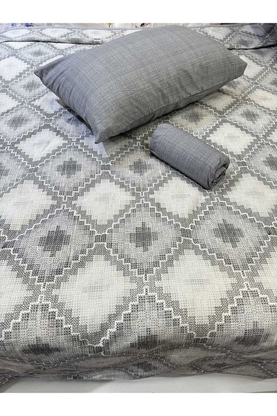 ŞENER HOME Canvas Patterned Bed Sheet with Elastic Double Pique Set - Gray