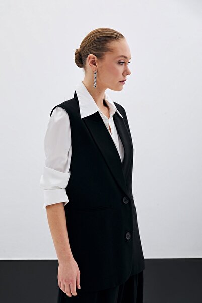 Sateen Casual γιλέκο με λεπτομέρεια με κουμπί - Μαύρο