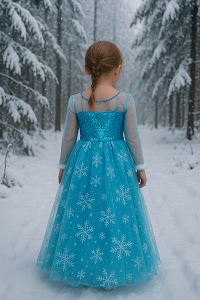 Parti Kırtasiye Rochie de prințesă albastră pentru fetiță, cu tematică Elsa, cu mânecă lungă, cu model de zăpadă, rochie de seară, costum, petrecere de aniversare