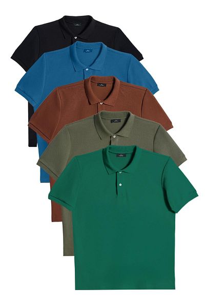 Tudors Pachet de 5 tricouri pentru bărbați, verde-kaki-maro-albastru-negru, slim fit, din bumbac, cu guler piqué, slim fit