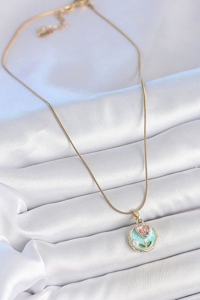 BESKAR 316L Steel Gold Color Chain Blue Minimal Flower Embroidered Pearl Detail Portrait Model Women's Necklace