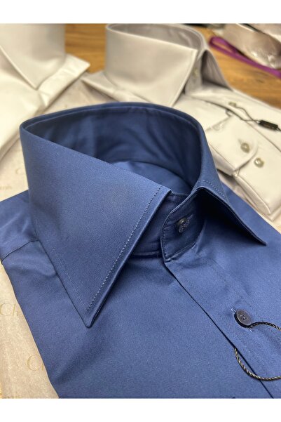 Chamis Slimfitnavy Blue Satin Polat Collar Shirt