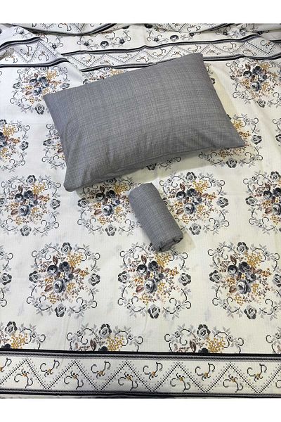 ŞENER HOME Bouquet Patterned Bed Sheet with Elastic Double Pique Set - Gray