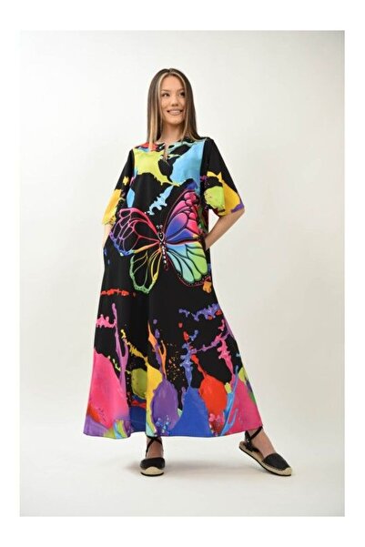 FASHIONLAND ROCHIE IMPRESIE CU FLUTURI SI PALETA CURAJOASA DE CULORI SI MANECI TIP CLOPOT