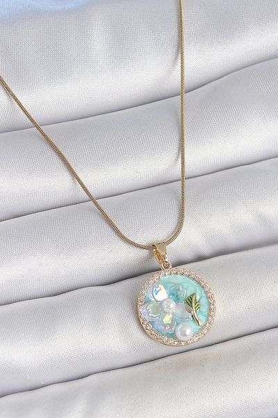 BESKAR 316L Steel Gold Color Chain Zircon Stone Detailed Blue Enamel Flower Embroidered Pearl Detail Women's Necklace