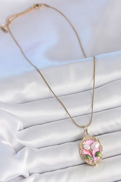 BESKAR 316L Steel Gold Color Chain Pink Enamel Pearl Flower Embroidered Portrait Model Women's Necklace