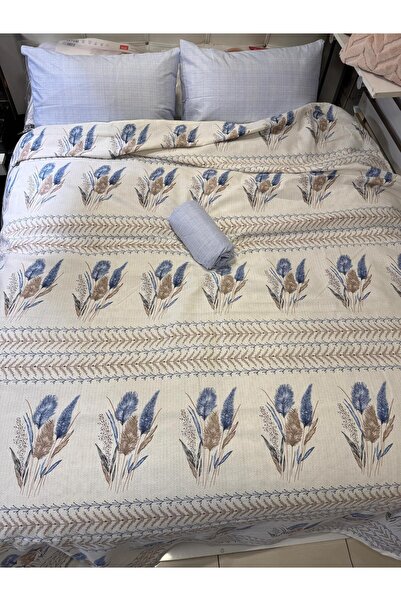 ŞENER HOME Ekin Patterned Sheet Elastic Double Pique Set - Blue
