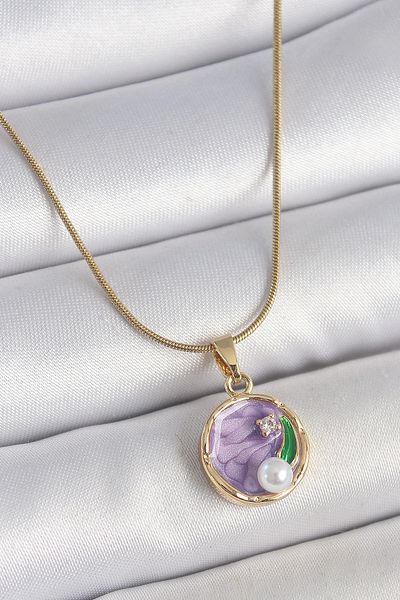 BESKAR 316L Steel Gold Color Chain Purple Flower Embroidered Zircon Stone Pearl Detailed Minimal Portrait Model Kad