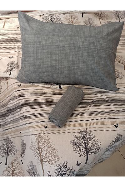 ŞENER HOME New Tree of Life Patterned Bed Sheet with Elastic Double Pique Set - Gray