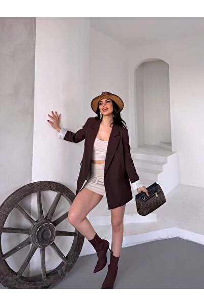 BARG FASHION Düğmesiz Kahverengi, Çizgili Astar Detaylı Blazer Ceket