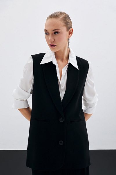 Sateen Vestă detaliată cu nasturi - neagră