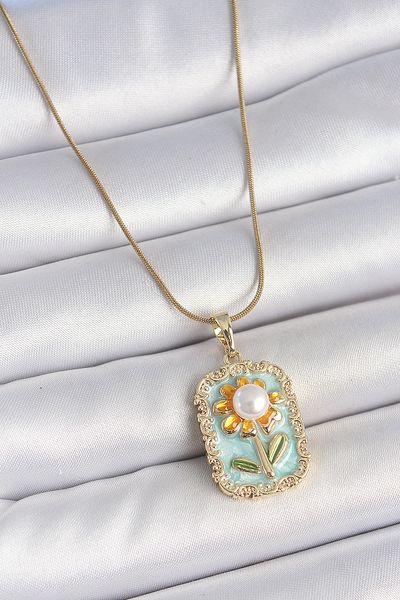Clariss 316L Steel Gold Color Chain Blue Enamel Pearl Daisy Embroidered Portrait Model Women's Necklace