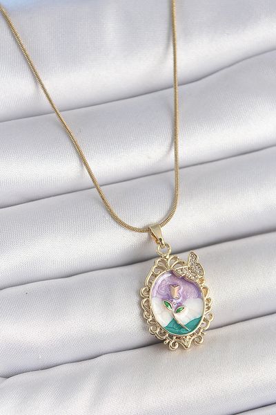 BESKAR 316L Steel Gold Color Chain Mix Color Enamel Flower Embroidered Zircon Stone Detailed Portrait Model Female