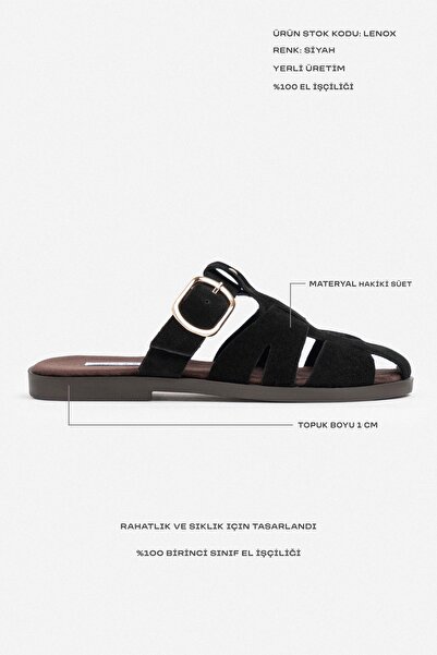 NİŞANTAŞI SHOES Lenox Black Genuine Suede Belt Detailed Flat Sole Women's Slippers