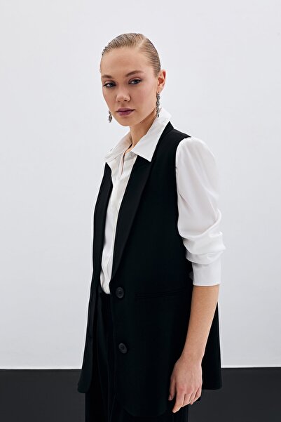 Sateen Casual γιλέκο με λεπτομέρεια με κουμπί - Μαύρο