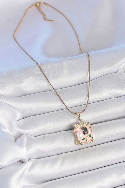 BESKAR 316L Steel Gold Color Chain Pink Enamel Flower Embroidered Pearl Detail Portrait Model Women's Necklace