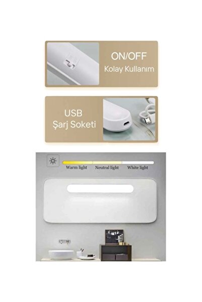 Cata Martı BEYAZ Led Cabinet Light Type-C Şarjlı Aplik 3 Renk Işık Beyaz-Günışığı-Açık Günışığı (640