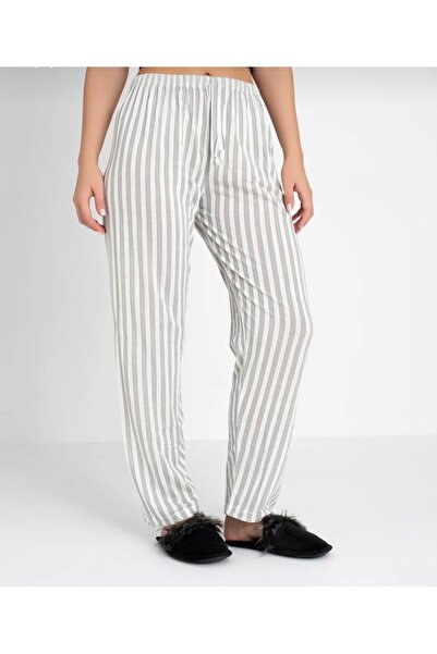 pijama dünyası Cotton Thin Breathable Fabric Gray White Striped Retro Women's Pajama Bottoms