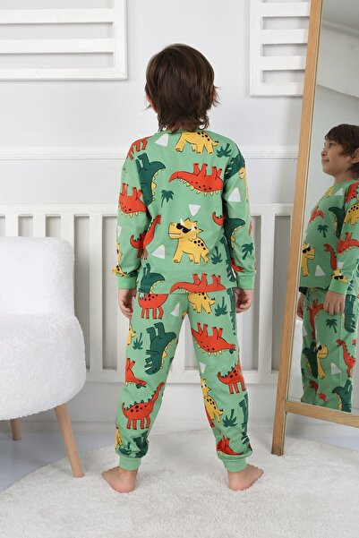 ZUZUNGA Dinozor Desenli Erkek Çocuk Pijama Takımı Yeşil 3-8 Yaş