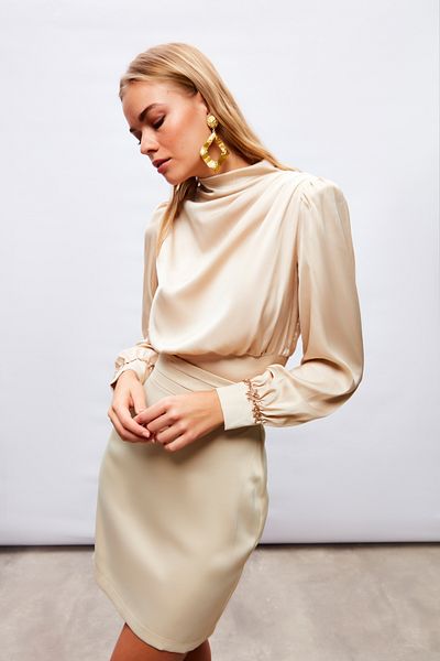 Sateen Blouse with Sleeve Accessory Detail - BEIGE