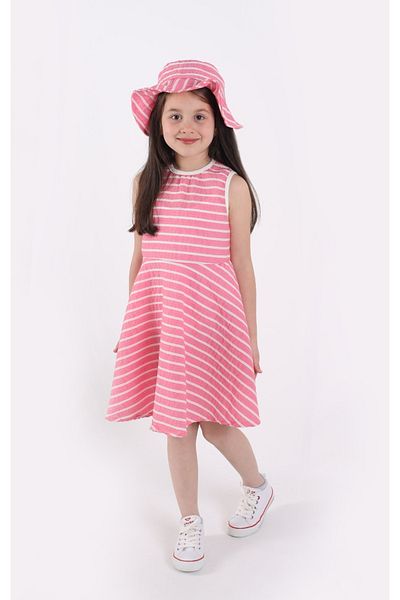 aden kids Set rochie și pălărie de vară în dungi pentru fete - Set de 2 (VÂRSTE 4-12, ROZ, ALBASTRU, BEJ, MARO)