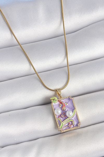 BESKAR 316L Steel Gold Color Chain Purple Enamel Pearl Flower Embroidered Portrait Model Women's Necklace