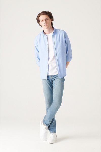 Avva Men's Light Blue Antique Washed Lycra Jean Trousers E 003520