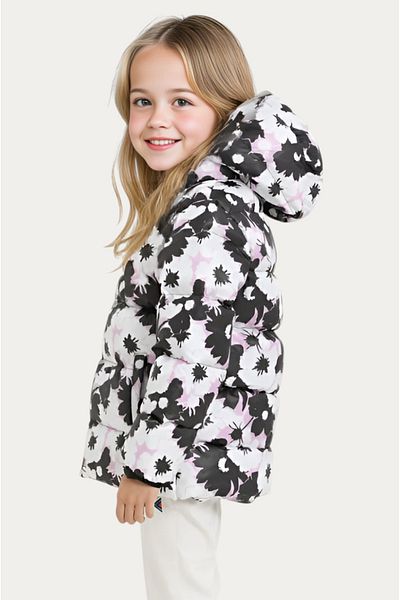 Montstop Girls' Purple Flower Pattern Fleece Waterproof and Windproof Hooded Pocket Inflatable Winter Coat