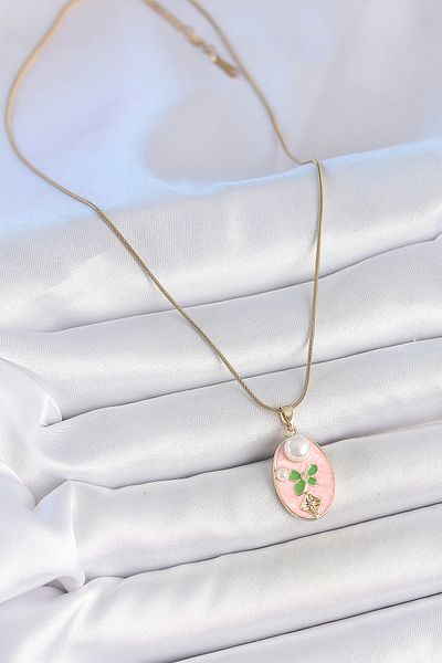 BESKAR 316L Steel Gold Color Chain Pink Enamel Oval Pearl Flower Embroidered Portrait Model Women's Necklace