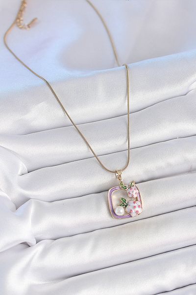 BESKAR 316L Steel Gold Color Chain Purple Enamel Square Model Flower Embroidered Pearl Detail Women's Necklace