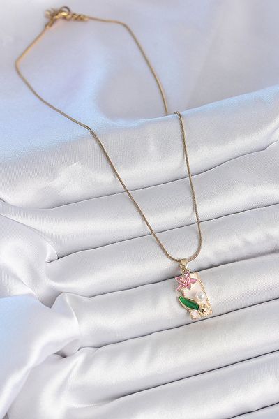 BESKAR 316L Steel Gold Color Chain White Enamel Pink Flower Embroidered Pearl Detail Rectangular Portrait Mode