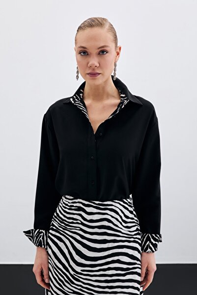 Sateen Zebra Desenli Klasik Gömlek - SİYAH
