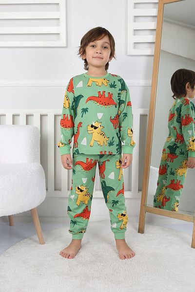 ZUZUNGA Set pijamale baieti cu model dinozaur verde 3-8 ani