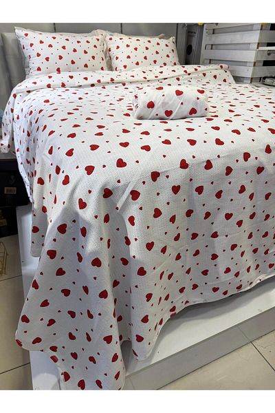 ŞENER HOME Heart Patterned Bed Sheet Elastic Double Pique Set