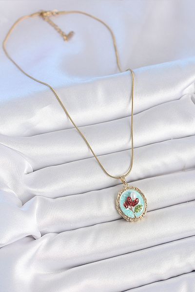 BESKAR 316L Steel Gold Color Chain Turquoise Enamel Pearl Flower Embroidered Portrait Model Women's Necklace