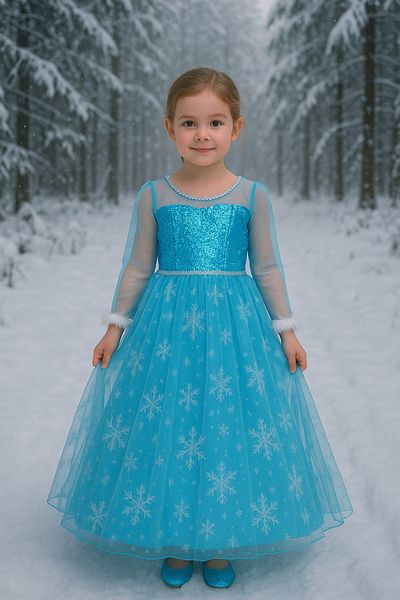 Parti Kırtasiye Rochie de prințesă albastră pentru fetiță, cu tematică Elsa, cu mânecă lungă, cu model de zăpadă, rochie de seară, costum, petrecere de aniversare
