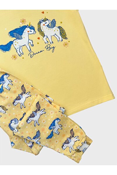 Genel Markalar Kız Çocuk %100 Pamuklu Sarı Unıcorn Desenli Kısa Kollu Altı Uzun Pijama Takımı