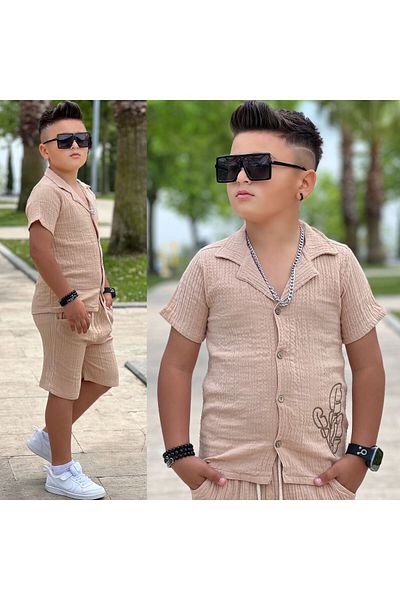 yns coolstar Muslin Fabric 100% Cotton Embroidered Shirt and Shorts Unisex 2-Piece Set