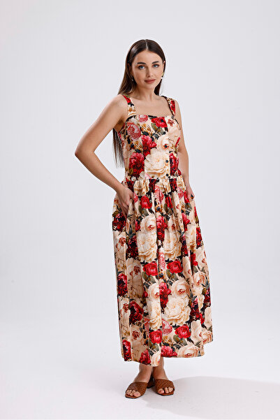 Sense Button Front Floral Long Dress with Waist Belt | Elb36268 Big Rose